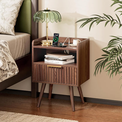 Nightstand with Charging Station, USB-C Port, Fluted Night Stand Set of 2, Bed Side Table with Drawer, Solid Wood Feet, Open Storage, End Table with Raised Edge, for Bedroom, Walnut