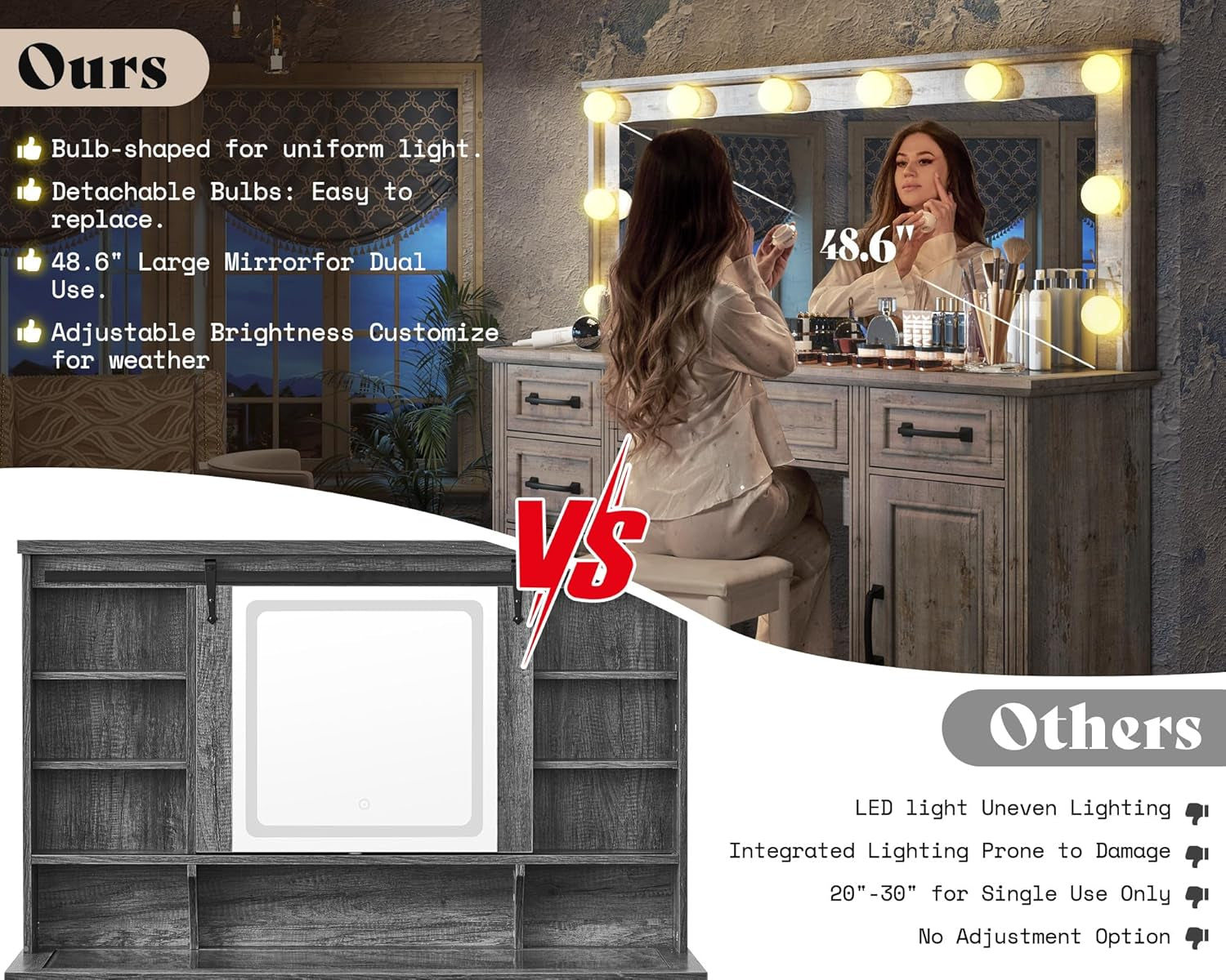 55" W Makeup Vanity with Hollywood Mirror, Glass Top Vanity with 5 Drawers & Charging Station, 10 Detachable Light Bulbs, Adjustable Brightness, Light Oak