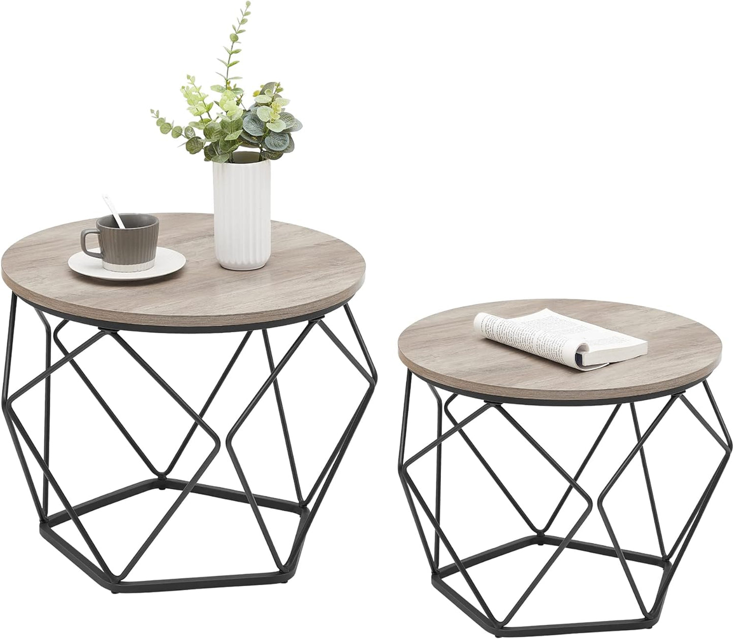 Small Coffee Table Set of 2, round Coffee Table with Steel Frame, Side End Table for Living Room, Bedroom, Office, Greige and Ink Black