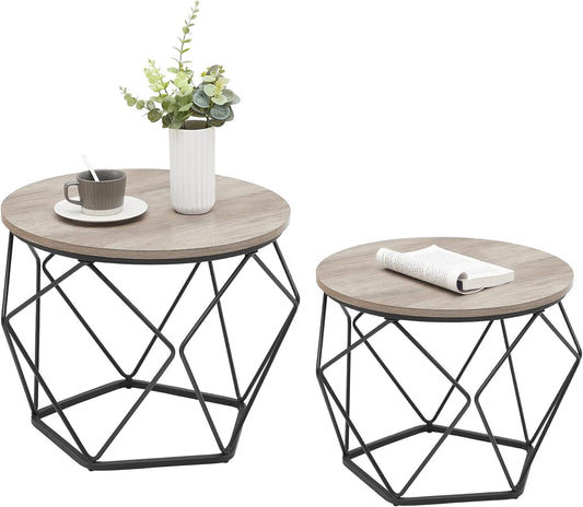 Small Coffee Table Set of 2, round Coffee Table with Steel Frame, Side End Table for Living Room, Bedroom, Office, Greige and Ink Black
