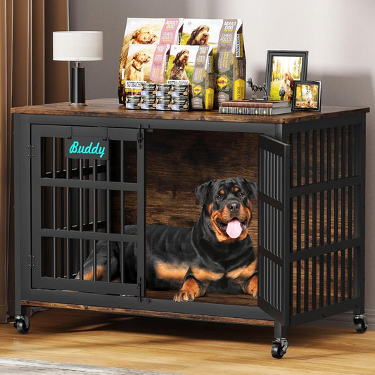 48"/42"/33" Dog Crate Furniture with Name Tag, Heavy Duty Dog Kennel Indoor for Large Dogs, Escape-Proof and Chew-Proof Dog Cage for High Anxiety Dog, Decorate House as TV Stand, End Table