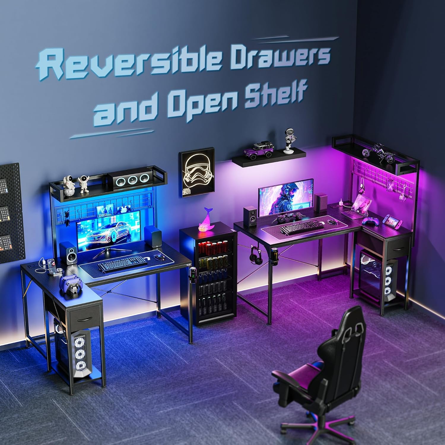 L Shaped Gaming Desk with Shelves, Corner Computer Table with LED Lights, Power Outlets and USB-C Ports, 42 Inch Reversible Home Office Desk with Storage Drawer, for Work and Study, Black