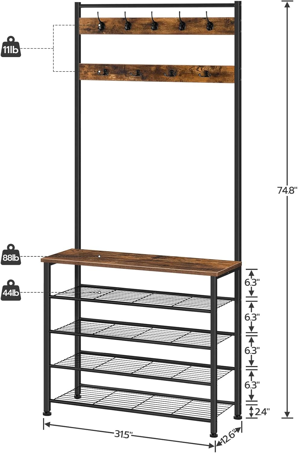 Hall Tree, Coat Rack with Shoe Rack, Hall Tree with Bench, 5 Tier Shoe Storage Organizer with 9 Hooks for Entryway, Closet, Sturdy, Industrial, Rustic Brown and Black BF80MT01G2