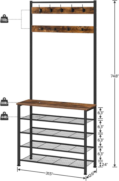 Hall Tree, Coat Rack with Shoe Rack, Hall Tree with Bench, 5 Tier Shoe Storage Organizer with 9 Hooks for Entryway, Closet, Sturdy, Industrial, Rustic Brown and Black BF80MT01G2