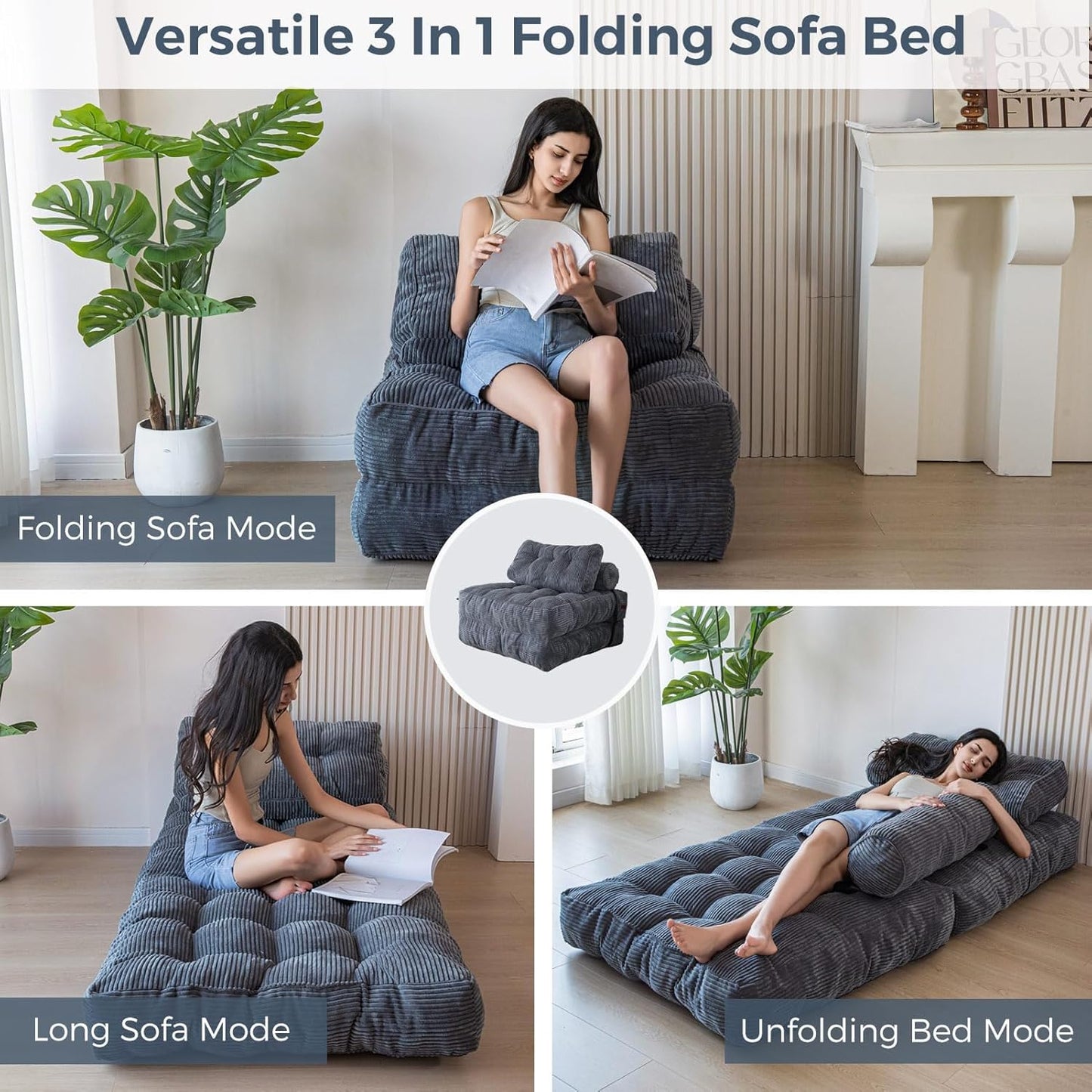 Folding Sofa Bed, Convertible Sleeper Chair with Pillow Foldable Mattress with Back Support, Portable Fold Out Chair Bed Comfy Floor Sofa Lounge for Living Room Bedroom, Dark Grey, Single