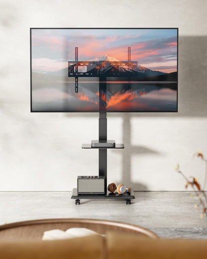 Steel Base Rolling TV Stand for 32-75 Inch Tvs up to 110 Lbs, Leveling & Tilt & Swivel Mobile TV Stand with Hidden Wire Management, Height Adjustable Portable Tv Stand with Steel Shelf, Black