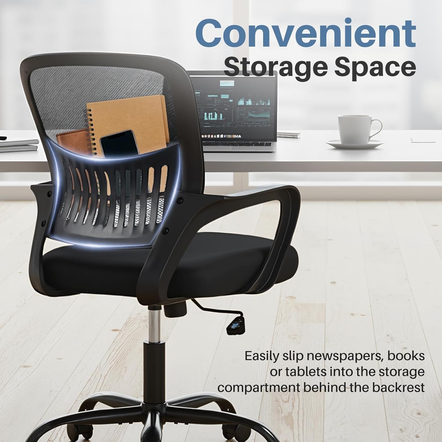 Home Office Computer Chair - Ergonomic Mid Back Desk with Lumbar Support and Rocking Mode, Height Adjustable with Fixed Armrest, for Conference Meeting Room, 360° Swivel, Adults, Black