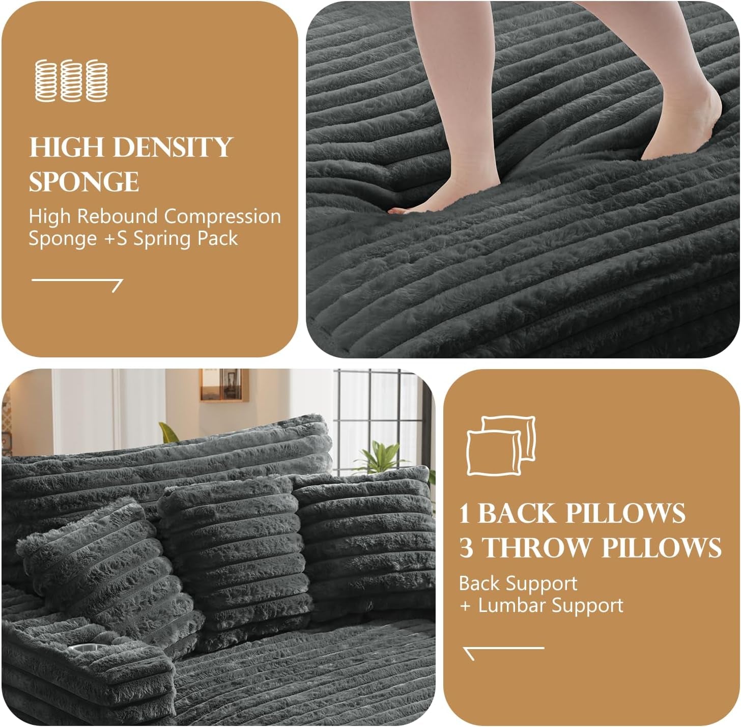 60" Chaise Lounge Chair Indoor, Upgraded Oversized Comfy Sofa Bed, Fluffy Plush Faux Fur Sleeper Couch Lazy Chair Bed, Reading Chairs Cloud Couches for Living Room,Dark Grey