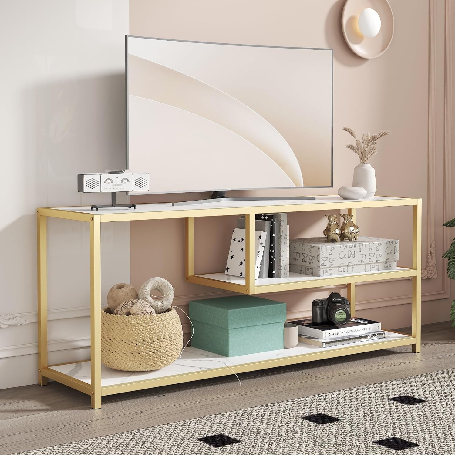 TV Stand for Tvs up to 55 Inch, 3 Tier Entertainment Center, Media Console with Open Storage Shelves for Living Room Bedroom, 47” Modern TV Table with Faux Marble Top Gold Metal Leg