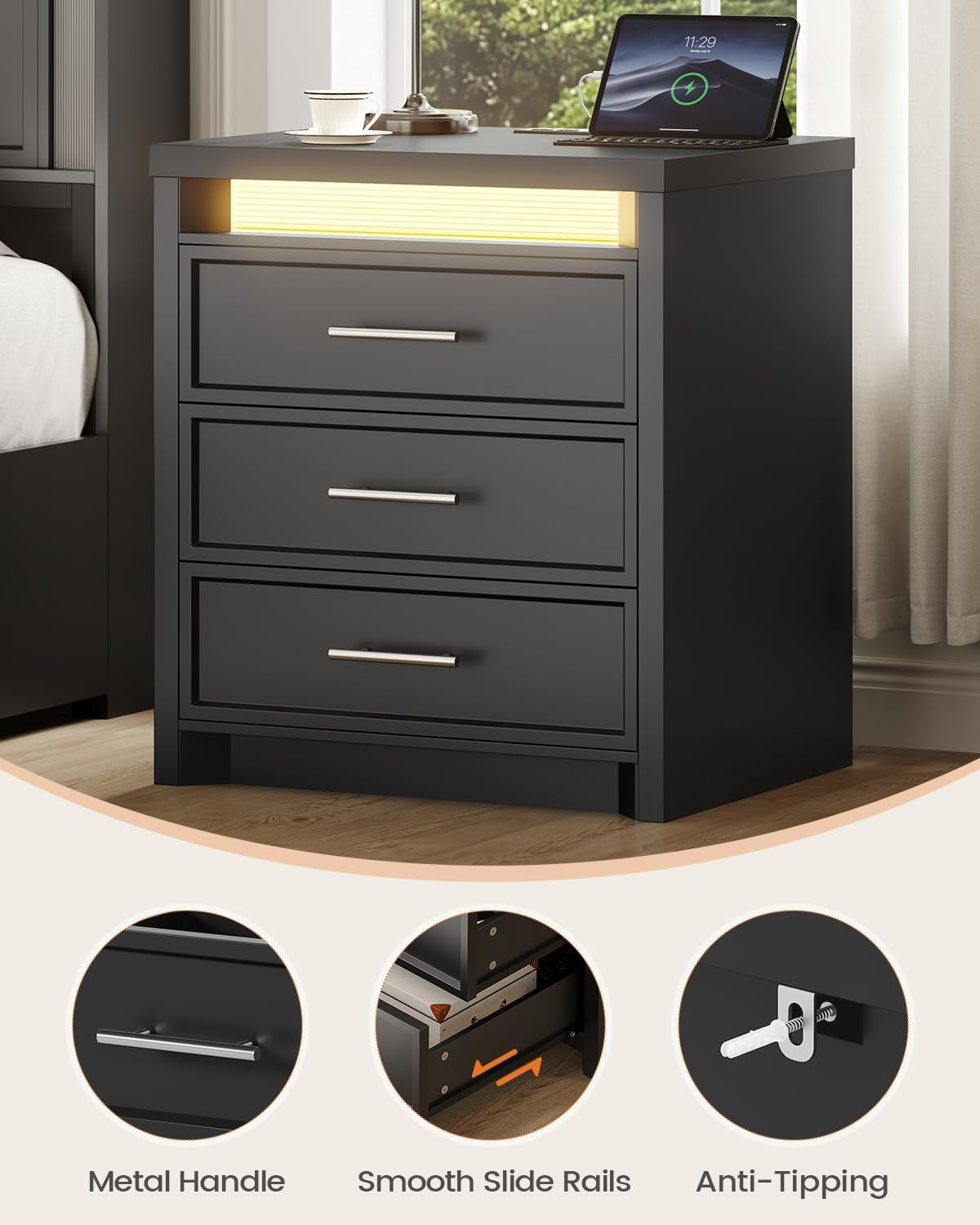 Night Stand with Charging Station,Black Nightstand with 3 Drawer and 3 Color Lightbox, Bedside End Table with Metal Handle for Bedroom (1, Black)