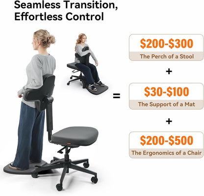 Standing Mate Chair, 5-In-1 Ergonomic Office Chair for Standing Desk, Sit Stand Lean Perch Saddle Stool with Flip Backrest & Dynamic Posture Support, Height Adjustable Active Chair