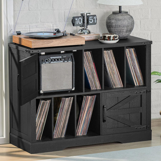 Large Record Player Stand with Vinyl Storage up to 450 Albums, 39 Inch Farmhouse Vintage Wood Black Storage Cabinet with Barn Doors, Mid-Century Modern Turntable Stand for Bedroom, Living Room