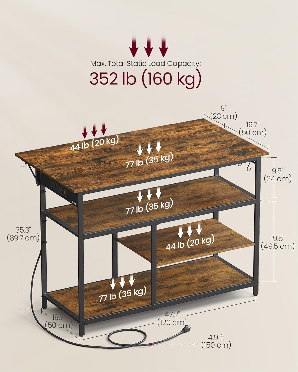 Kitchen Island with Drop Leaf, 47.2" Width Rolling Kitchen Cart with Power Strip, Extendable Worktop, Workbench,Pegboard, Adjustable Shelf, Golden Oak and Cloud White UKKI013Y01