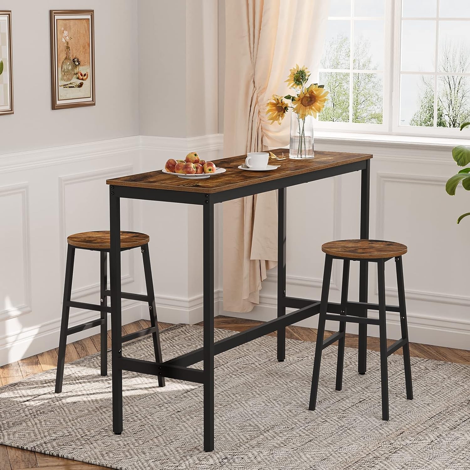 Bar Stools, Set of 2 round Bar Chairs with Footrest, 24.4 Inch Kitchen Breakfast Bar Stools, Industrial Bar Stools, Easy Assembly, for Dining Room, Kitchen, Rustic Brown BAHR0201Z