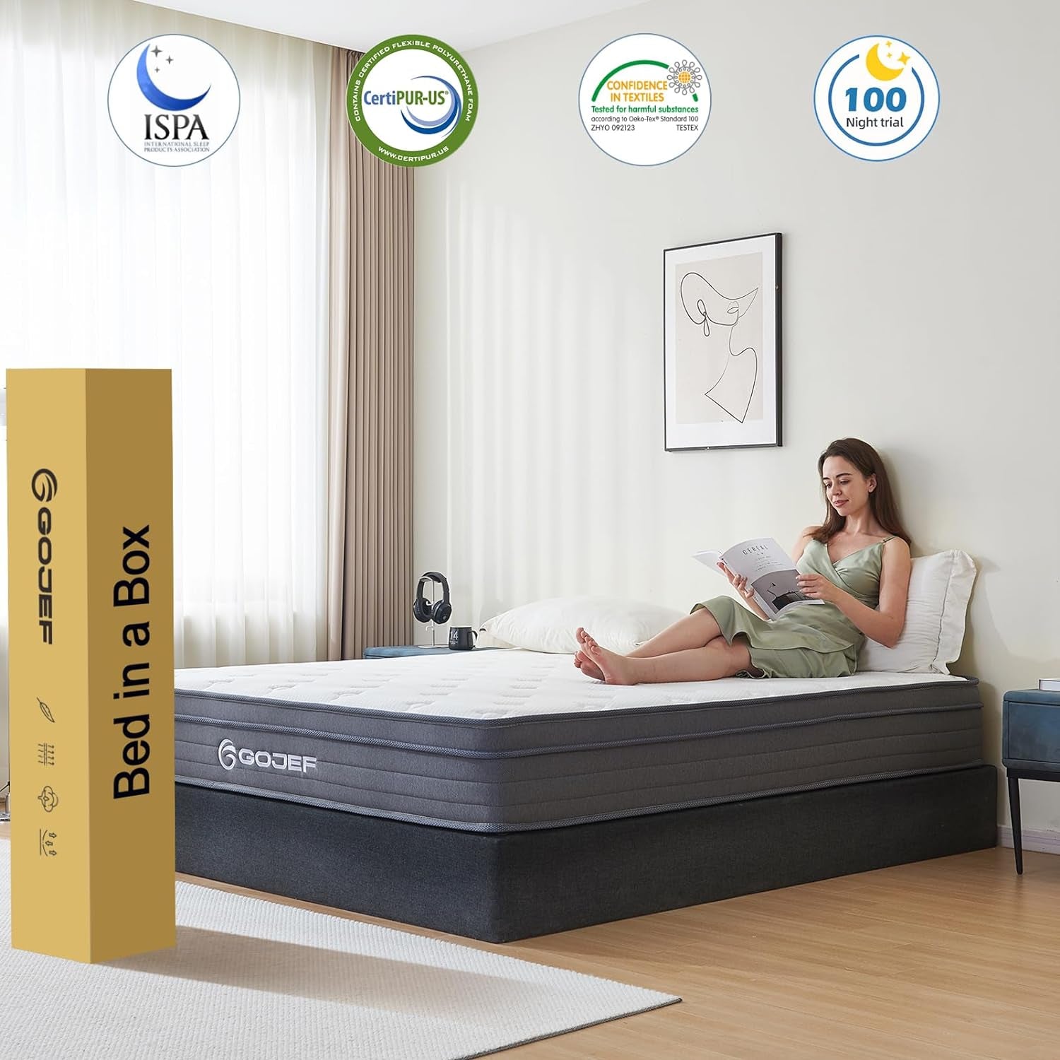 Queen Mattress, 12 Inch Queen Size Hybrid Mattress in a Box with Independent Spring, Soft and Comfortable, Pressure Relief, Medium Firmness, Certipur-Us Certified
