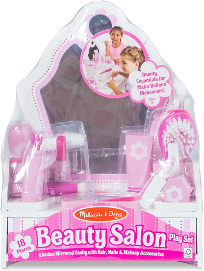 Wooden Beauty Salon Play Set, 18-Piece Vanity with Pretend Play Toys, Makeup, Mirror, Accessories & More, Preschool Toys for Girls & Boys Ages 3+ - FSC Certified