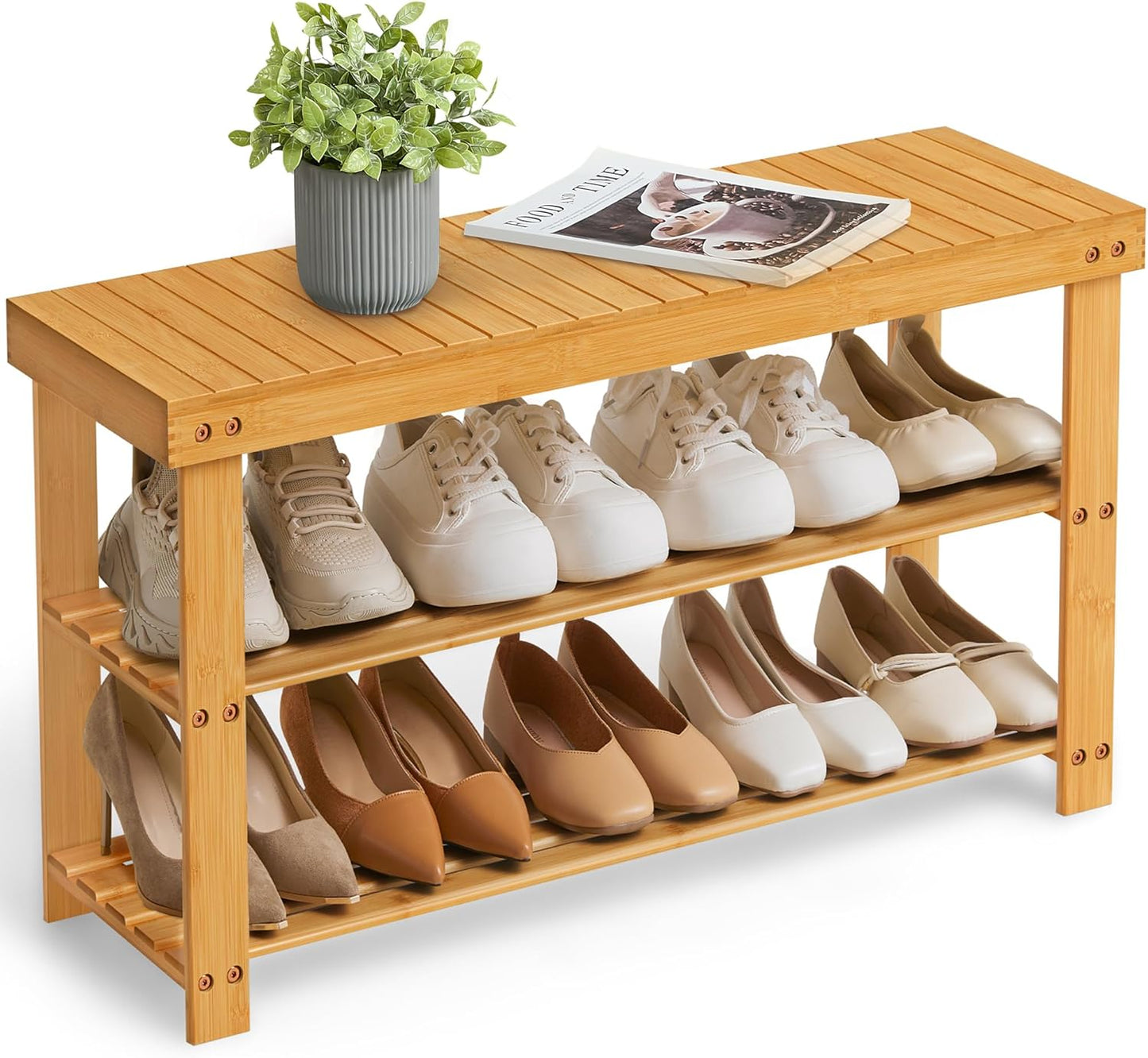 Shoe Rack Bench, 3-Tier Bamboo Shoe Storage Organizer, Entryway Bench, Holds up to 286 Lb, 11.3 X 27.6 X 17.8 Inches, for Entryway Bathroom Bedroom, Ink Black ULBS04H