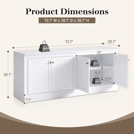 72" Farmhouse Sideboard Buffet Cabinet with Barn Doors, Storage Console Table with Adjustable Shelves, Coffee Bar/Tv Stand for Living Room, Kitchen, Entryway, White