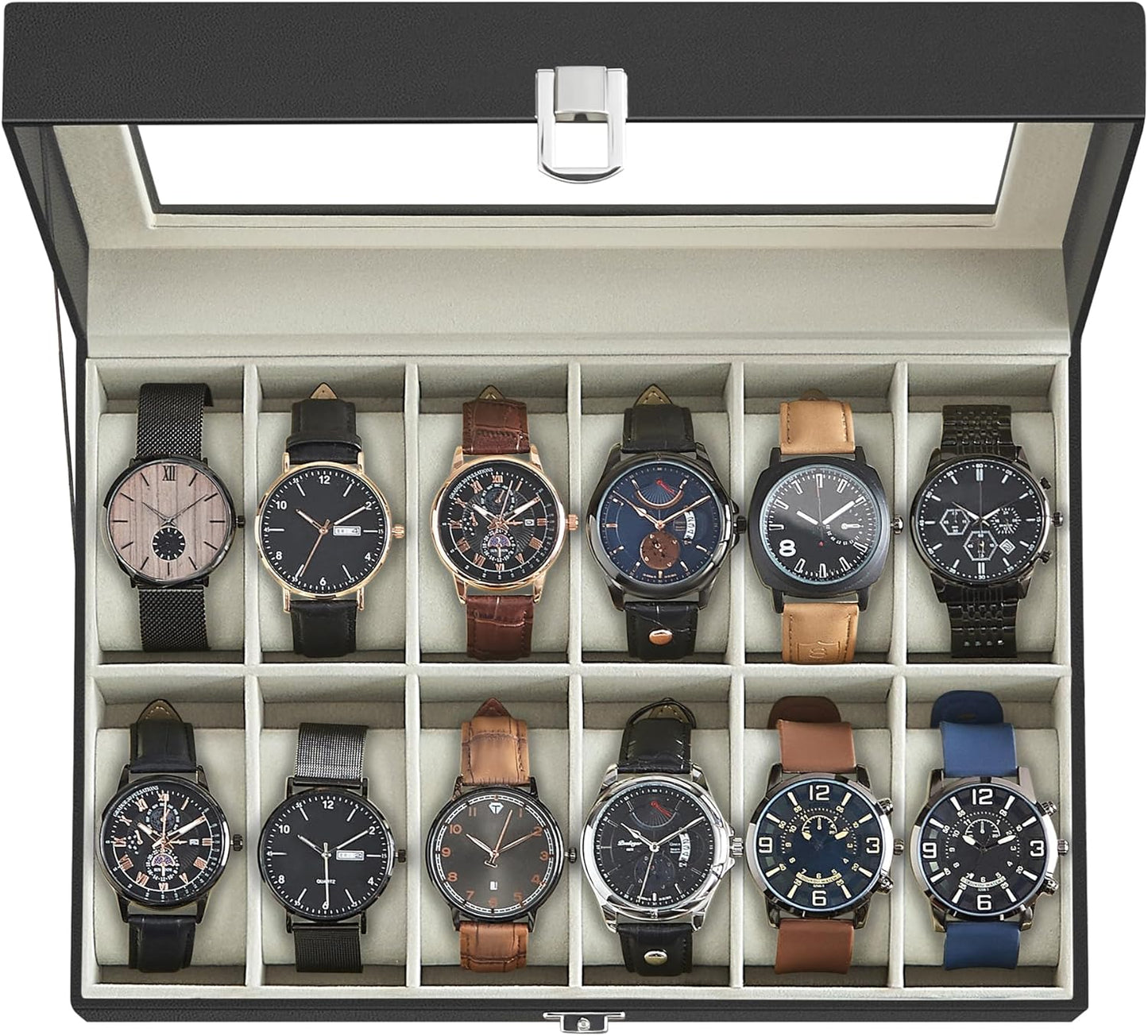 Watch Box, 12-Slot Watch Case with Large Glass Lid, Removable Watch Pillows, Watch Box Organizer, Gift for Loved Ones, Black Synthetic Leather, Wine Red Lining UJWB120R01