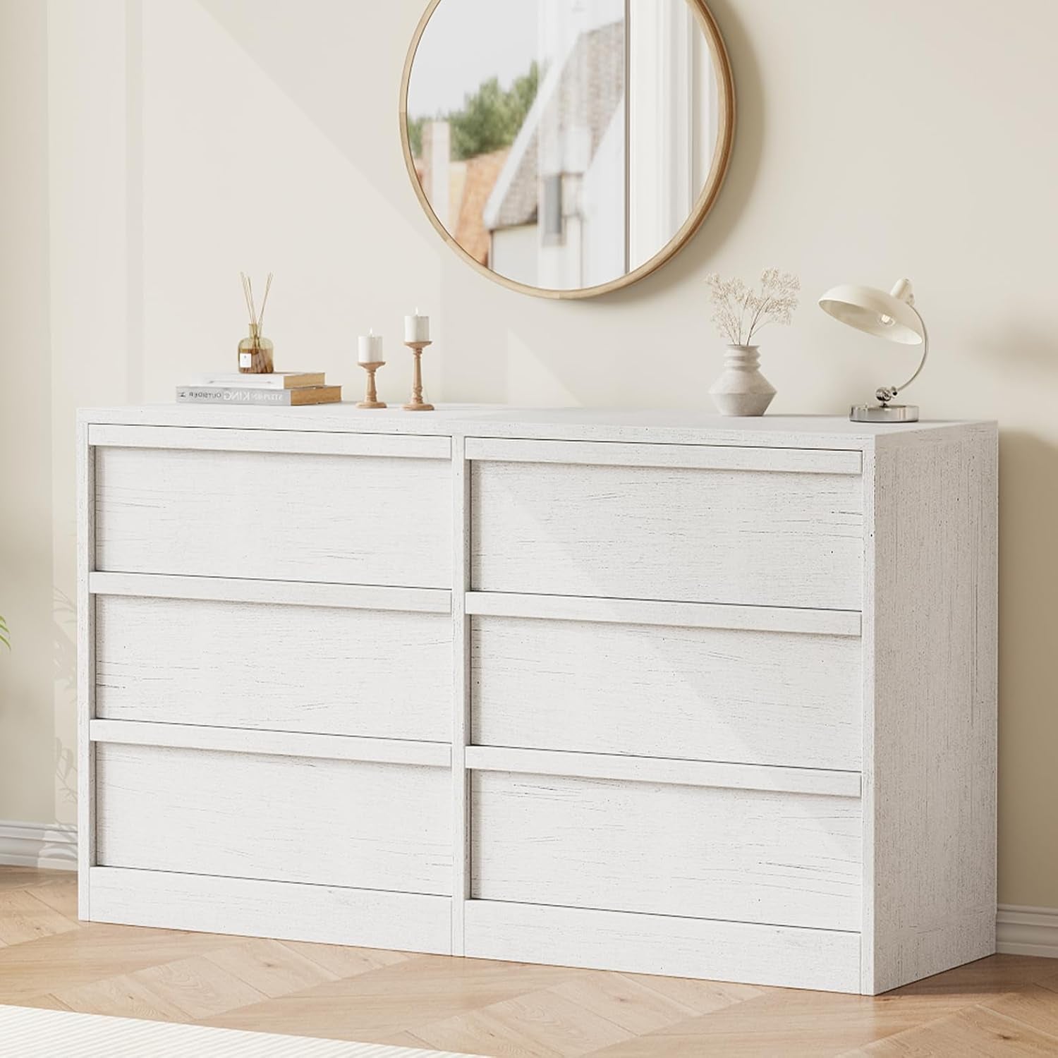 6 Drawer Dresser for Bedroom, 47In Wide Antique White 6 Chest of Drawers with Large Storage, Wooden Dresser Organizer for Living Room, Nursery, Entryway