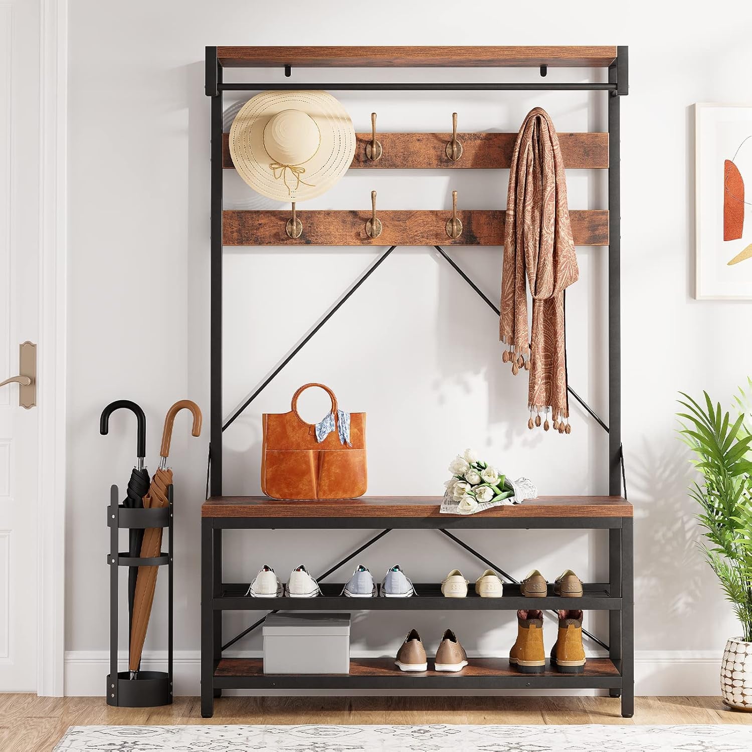 Coat Rack Shoe Bench Industrial Hall Tree Storage Bench for Entryway, Wood Look Accent Large Shoe Rack with Storage Shelf Hanging Bar,8 Hooks Rustic Brown 39.9"X15.7"X72"