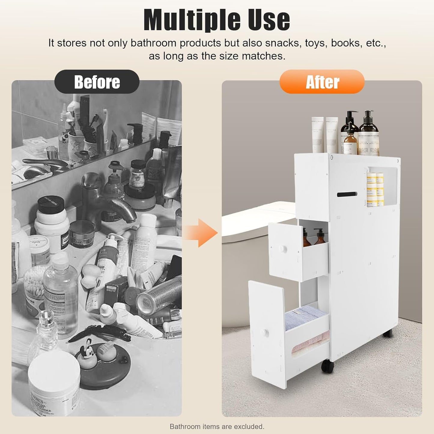 Bathroom Storage Cabinet, Storage Cabinet with Drawers, Movable Narrow Toilet Side Cabinet W/2 Slide Out Drawers, 2 Rattan Baskets & Shelves, Toilet Paper Holder on Wheels for Small Spaces