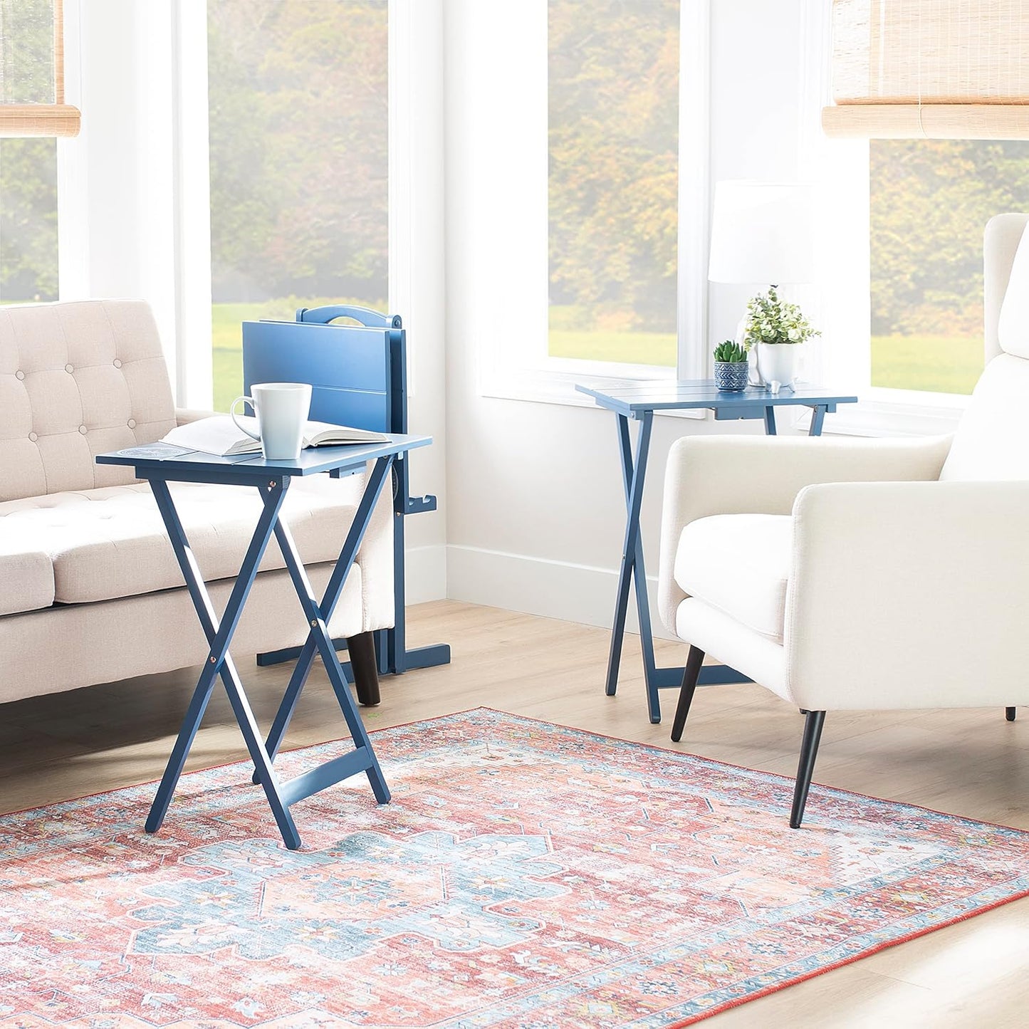 SAMM Navy Trey Table Set with Compass Accent Includes Four Trey Tables and Stand