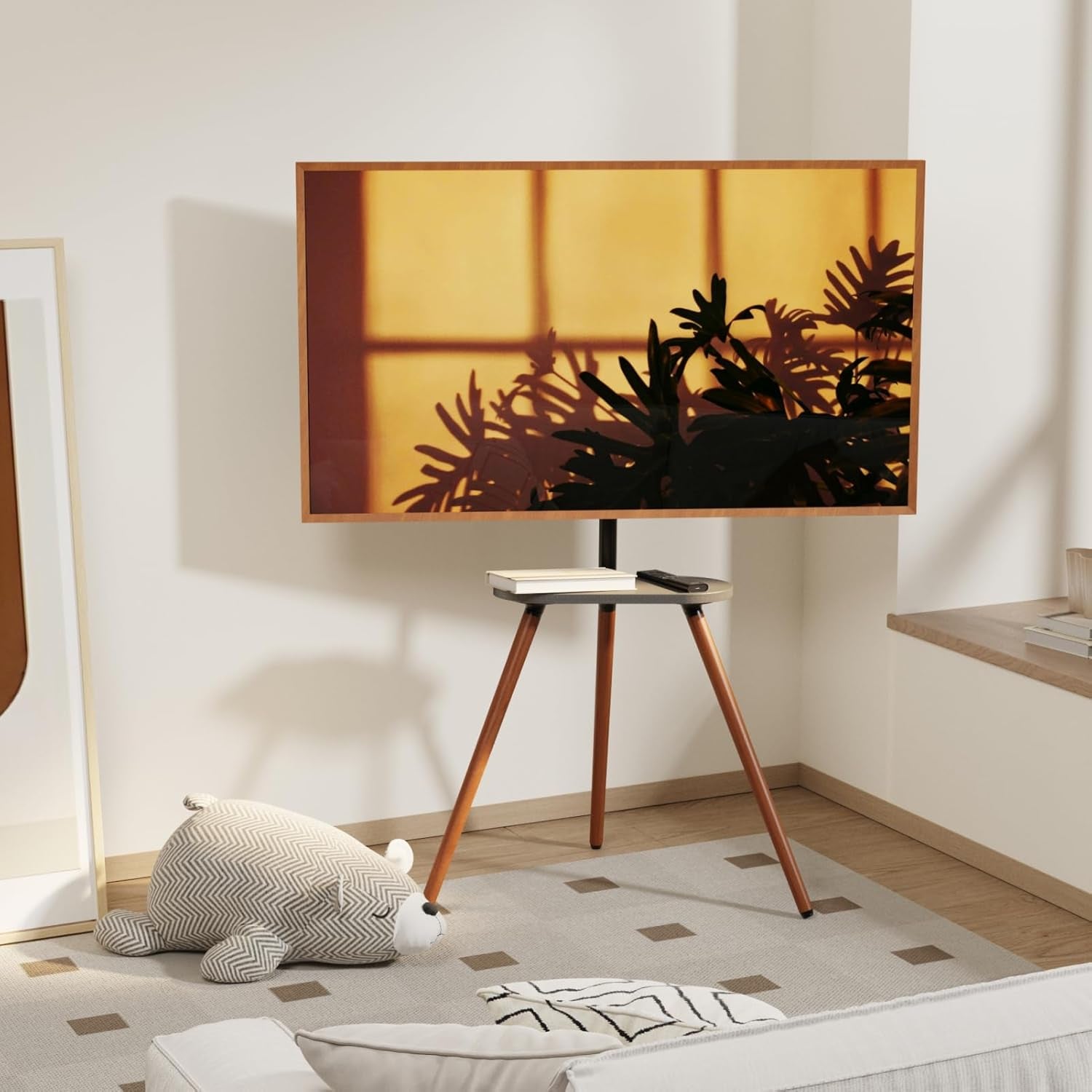 Tripod Easel TV Stand for 43 to 65 Inch LCD LED OLED Screen, Height Adjustable and Swievel TV Stand, Portable Corner TV Floor Stand with Wooden Tray, VESA 400X400Mm, Minimalist Black Walnut