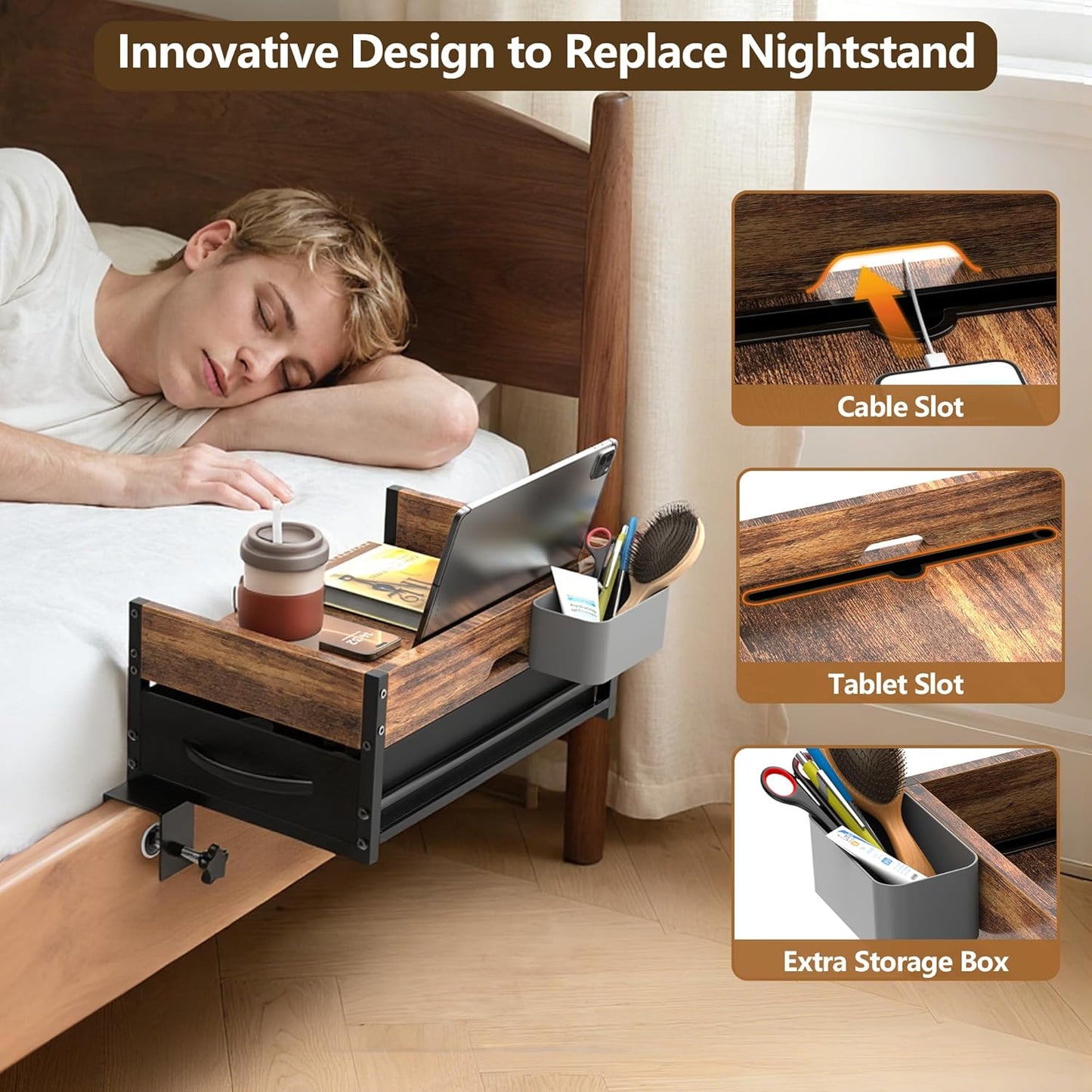 2 Tier Dorm Bed Shelf, Bedside Shelf for Dorm Top Bunk, Nightstand Bedside Table Tray with Fabric Drawer & Storage Box, Bunk Bed Shelf Bedside Tray with Cable Management for Dormitory