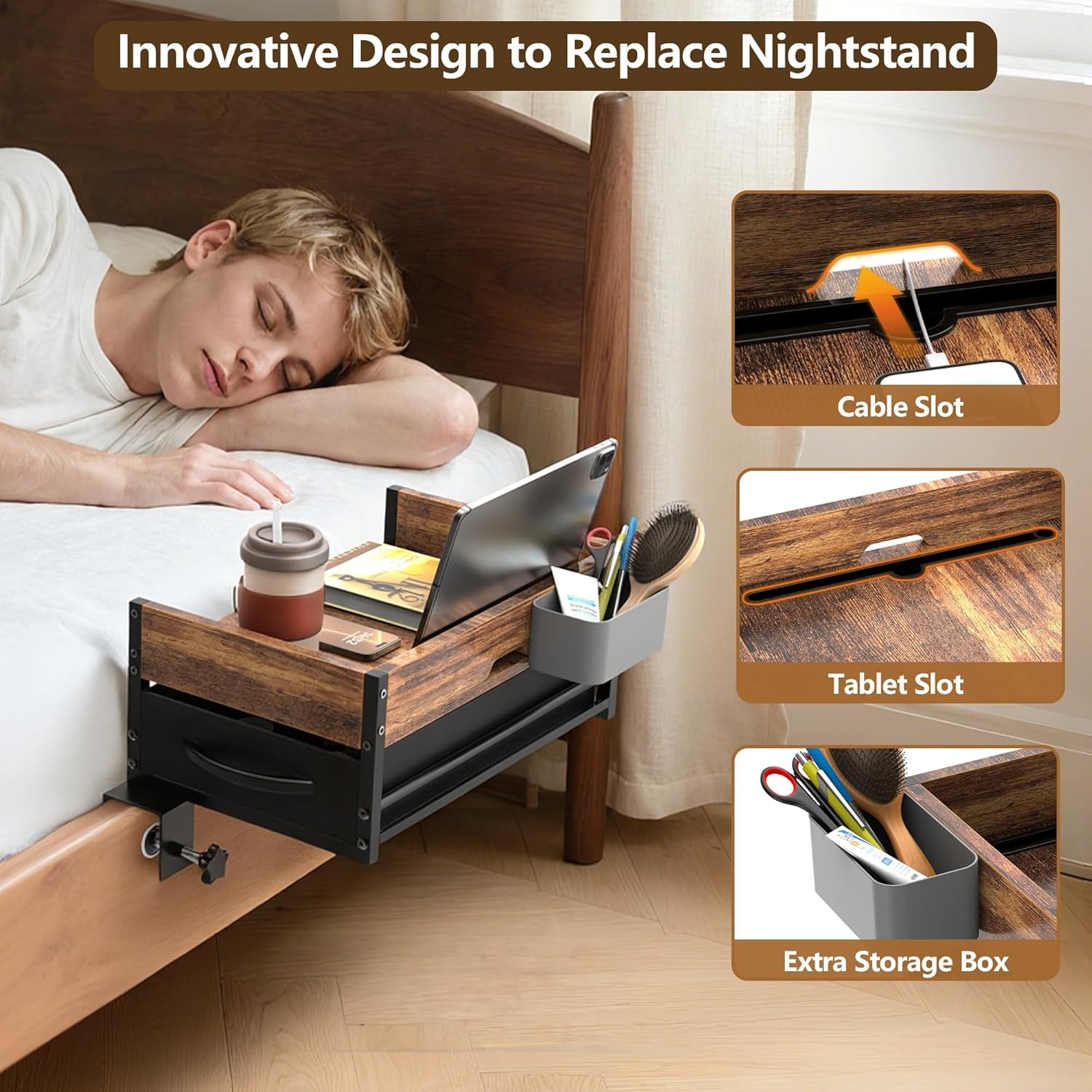 2 Tier Dorm Bed Shelf, Bedside Shelf for Dorm Top Bunk, Nightstand Bedside Table Tray with Fabric Drawer & Storage Box, Bunk Bed Shelf Bedside Tray with Cable Management for Dormitory