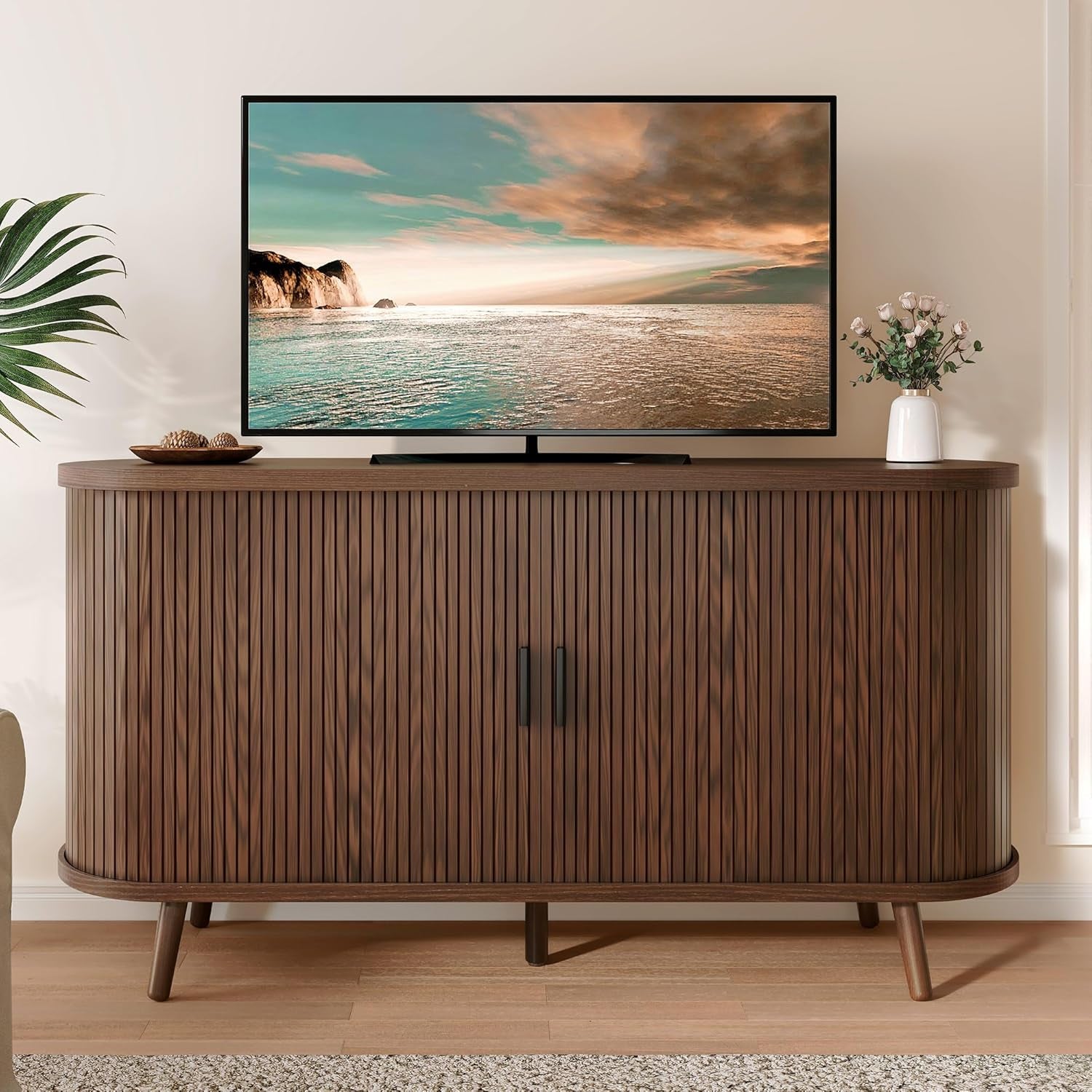 Fluted Sideboard Buffet Cabinet with Storage,54.3" Wide Curvy Edge Accent Storage with Sliding Door & Adjustable Shelf, Mid Century Modern Console for Living Room, Kitchen, Hallway-Walnut