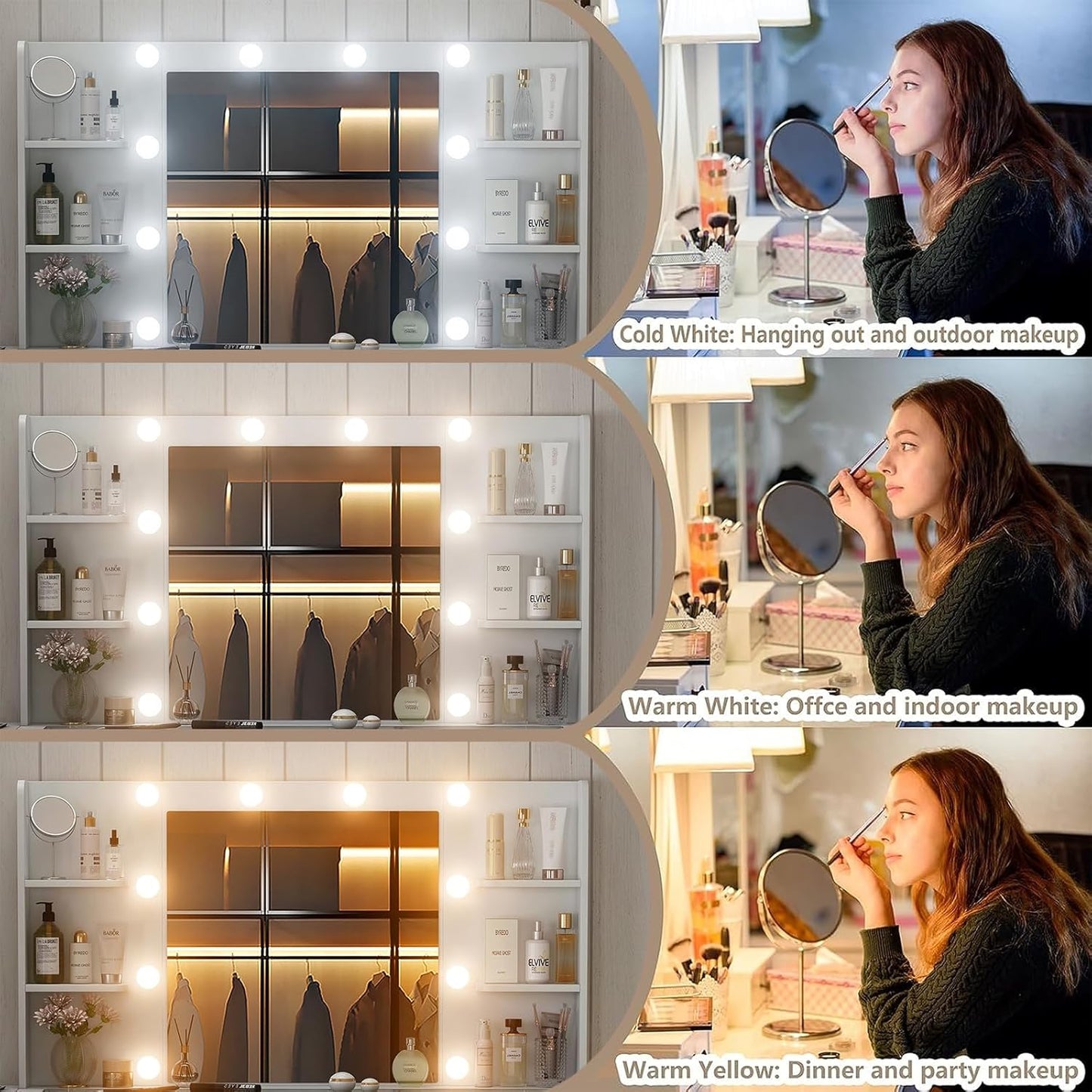 Vanity Desk with Power Outlet, 47'' W Makeup Table with Mirror and 12 LED Lights, 3 Color Lighting Modes, 11 Drawers Makeup Vanity with 4 Shelves, Fold-Up Panel, Glass Top, Vanity Set for Bedroom