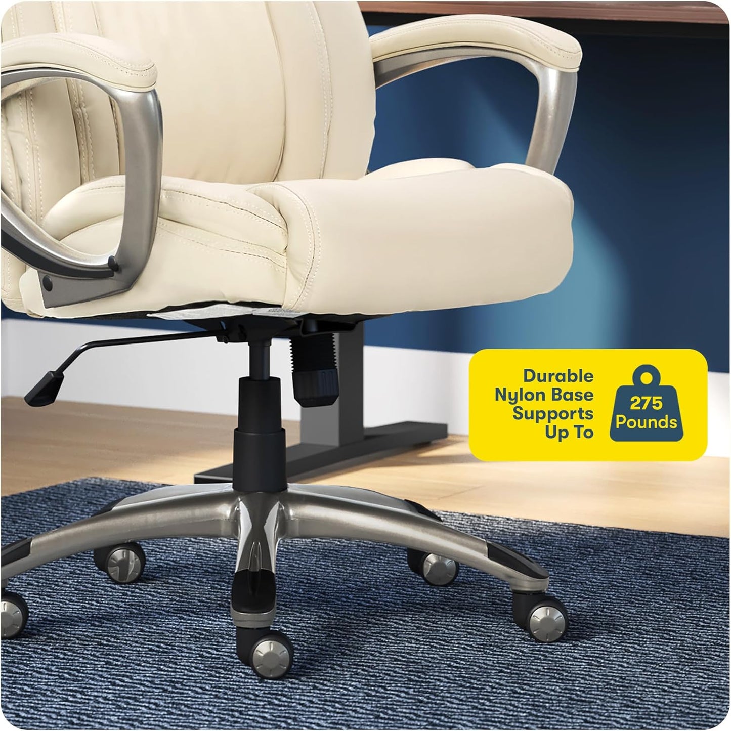 Garret Executive Office Chair, Ergonomic Mid-Back with Lumbar Support, Semi-Plush Cushion and Body Pillows, Padded Armrests, Swivel Base, Bonded Leather, Ivory White