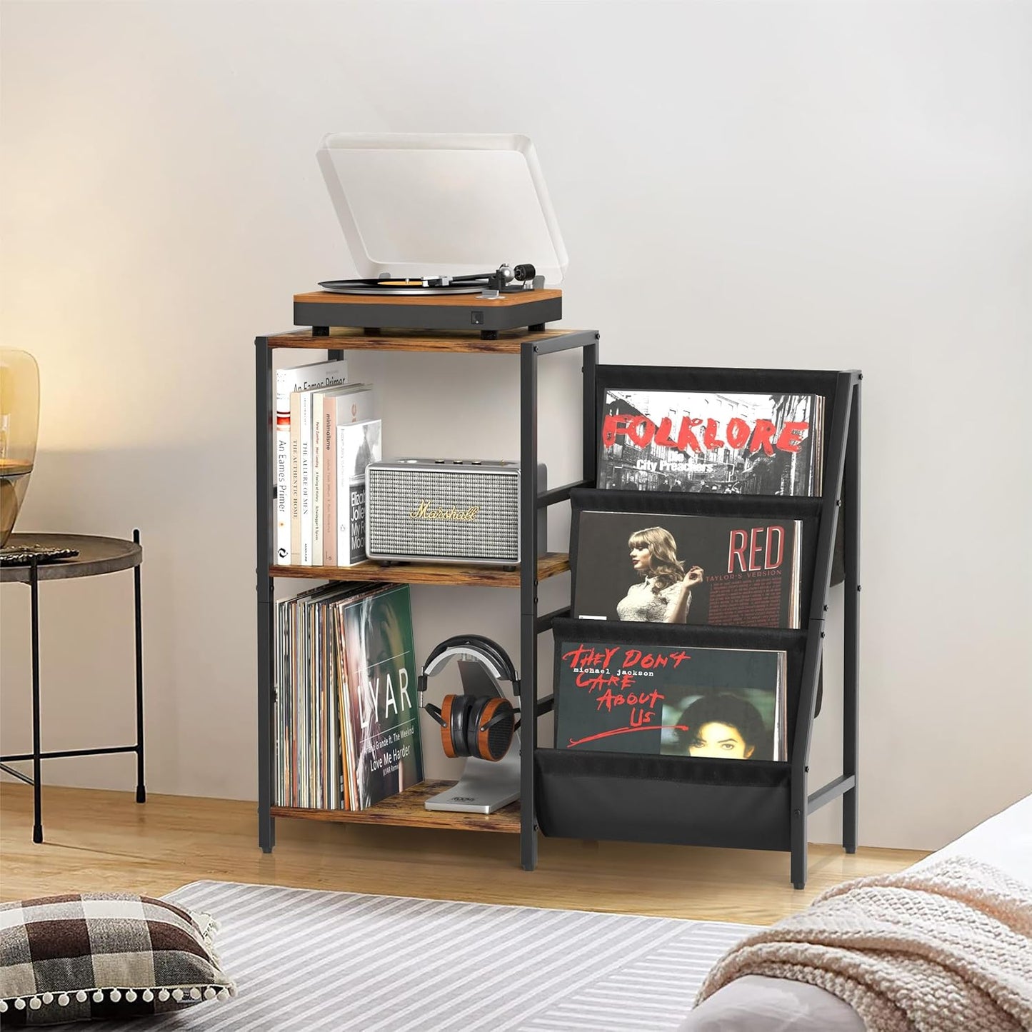 Stereo Record Player Stand with Vinyl Storage for 200 Albums, Turntable Display Shelf, Black