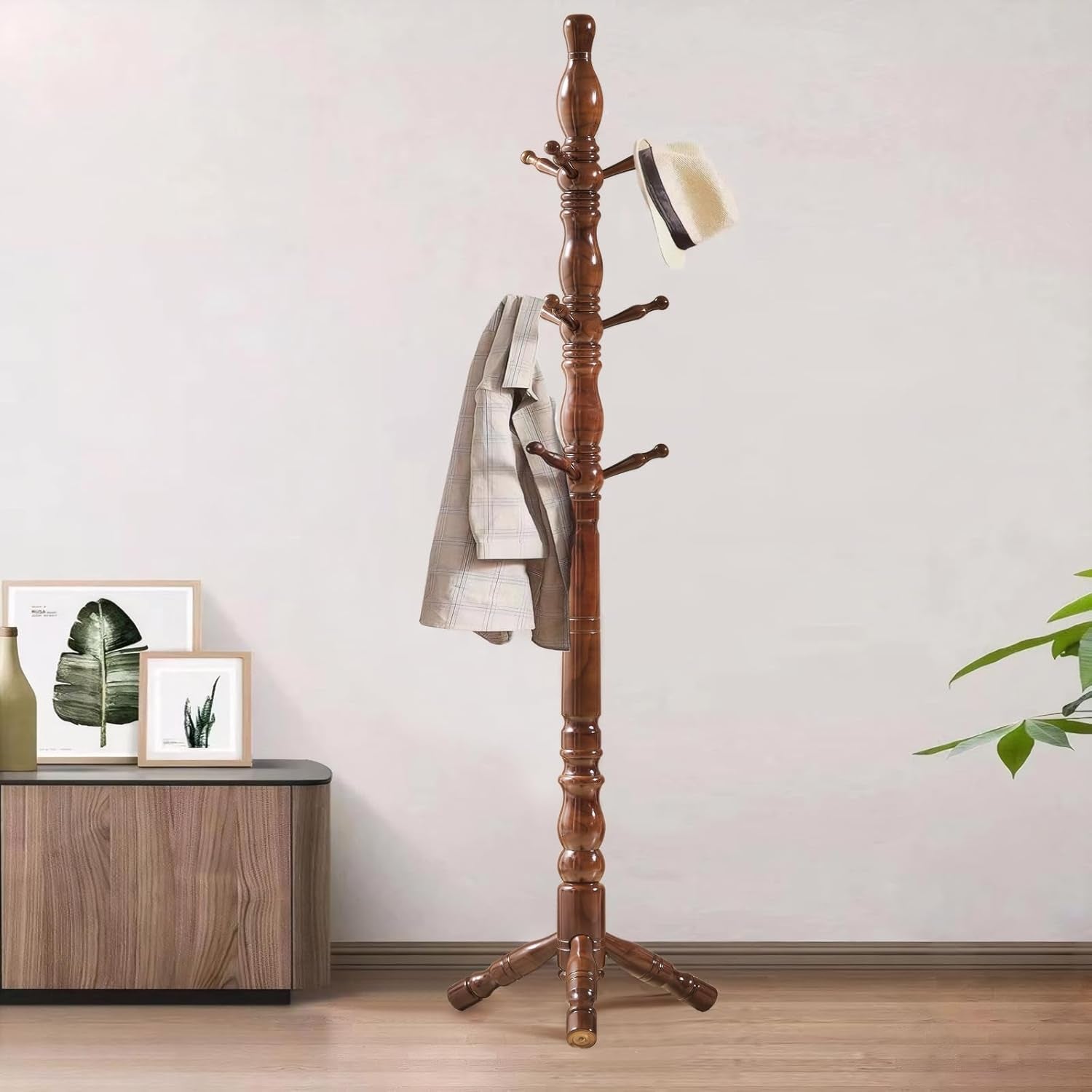 Coat Rack, Natural Wood Coat Racks with 3 Height Options and 9 Hooks,Coat Tree Ease of Assembly,Freestanding Hall Tree for Home/Office/Entryway/Hallway (Walnut)