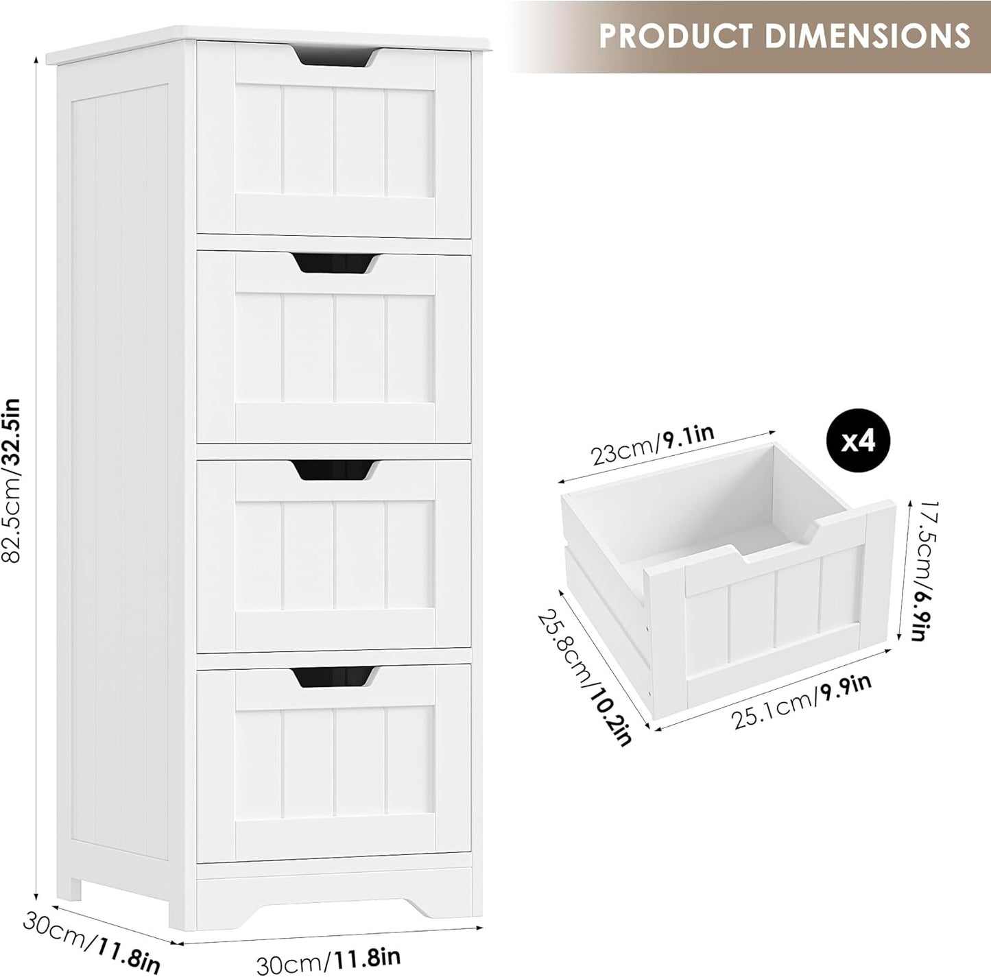 Bathroom Storage Cabinet, Bathroom Cabinet with 4 Drawers, 11.8” X 11.8” X 32.5” Freestanding Entryway Cupboard Storage Organizer Unit Home Furniture Decor, White