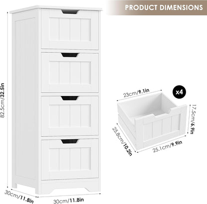 Bathroom Storage Cabinet, Bathroom Cabinet with 4 Drawers, 11.8” X 11.8” X 32.5” Freestanding Entryway Cupboard Storage Organizer Unit Home Furniture Decor, White