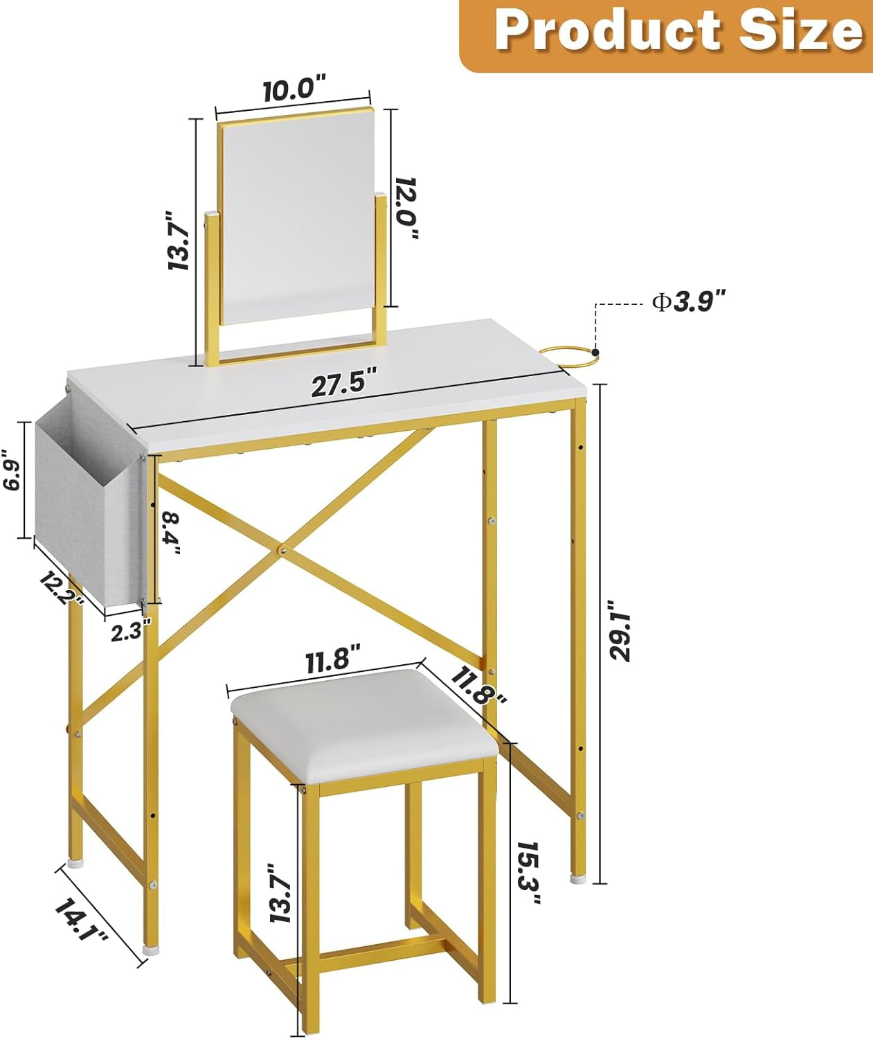Makeup Vanity Set with 360°Rotating Mirror Amd PU Leather Chair, Compact Small Vanity Desk with Side Pocket for Small Space, Dressing Table for Bedroom, Cheap Gold and White Vanity for Girls and Women