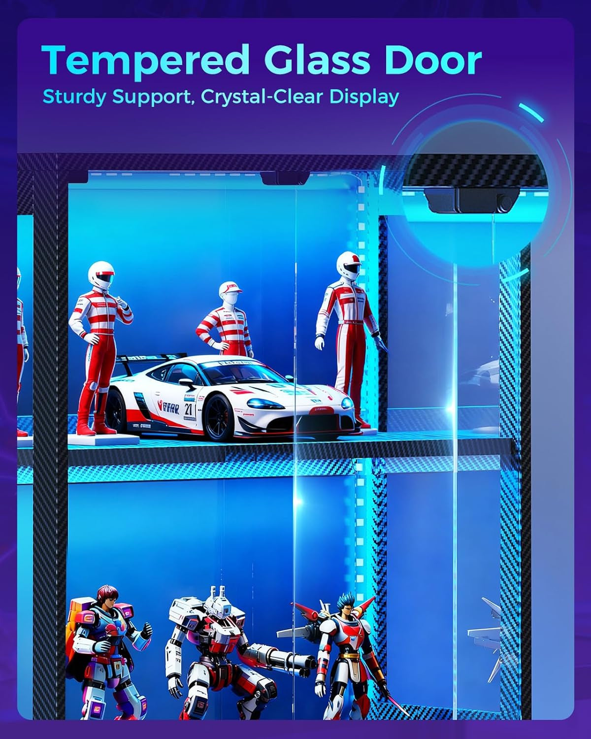 Display Cabinet with RGB Lights, 4-Tier Display Case with Glass Doors and Storage Shelves, Glass Cabinet Shelf for Collectibles and Gamers, Black Curio Cabinet for Game Room