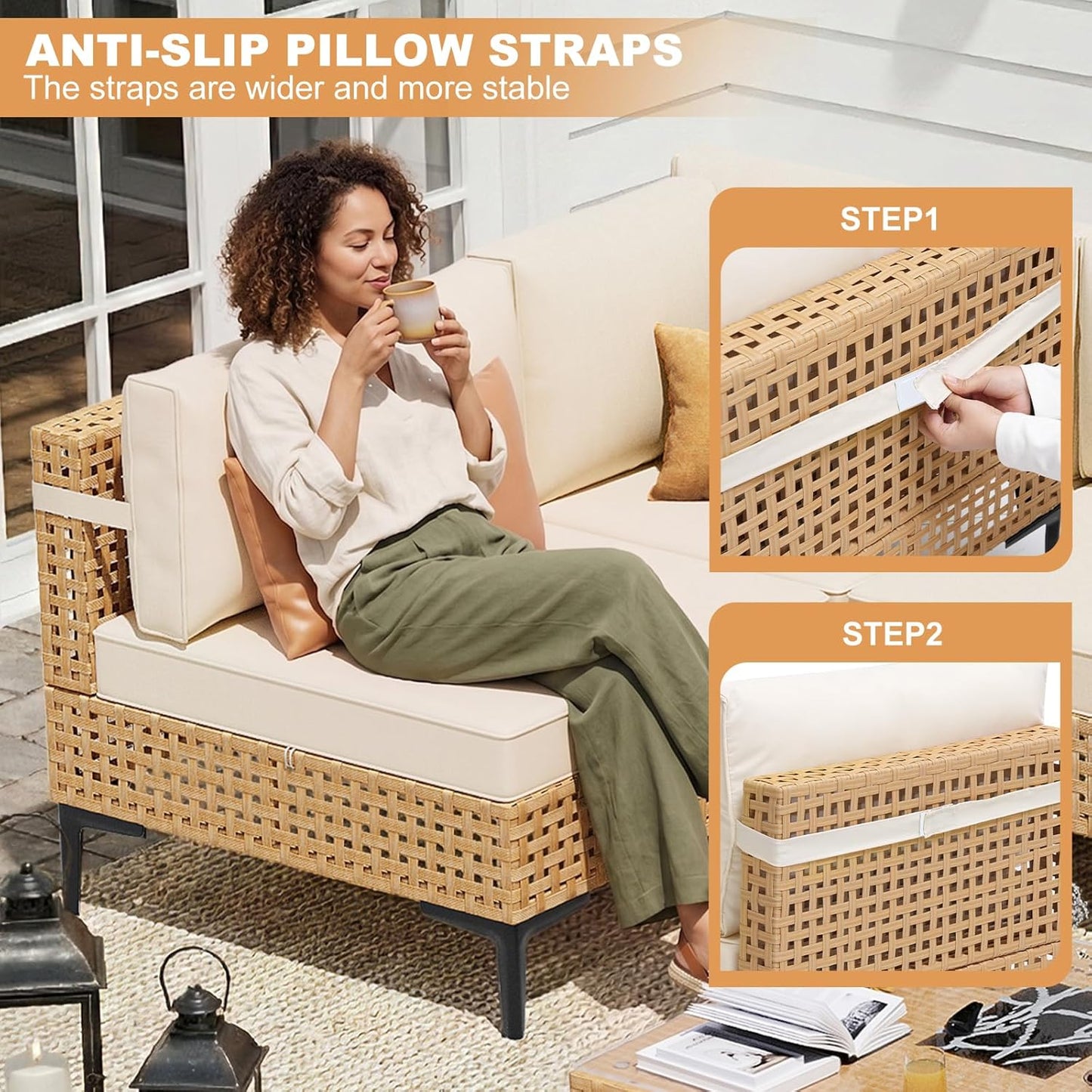 Patio Furniture Set, 110" Large 7-Piece Wicker Outdoor Patio Furniture Sets with Anti-Slip Cushions & Coffee Table,Boho Patio Conversation Set Sectional Sofa for Backyard,Porch,Beige