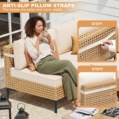 Patio Furniture Set, 110" Large 7-Piece Wicker Outdoor Patio Furniture Sets with Anti-Slip Cushions & Coffee Table,Boho Patio Conversation Set Sectional Sofa for Backyard,Porch,Beige