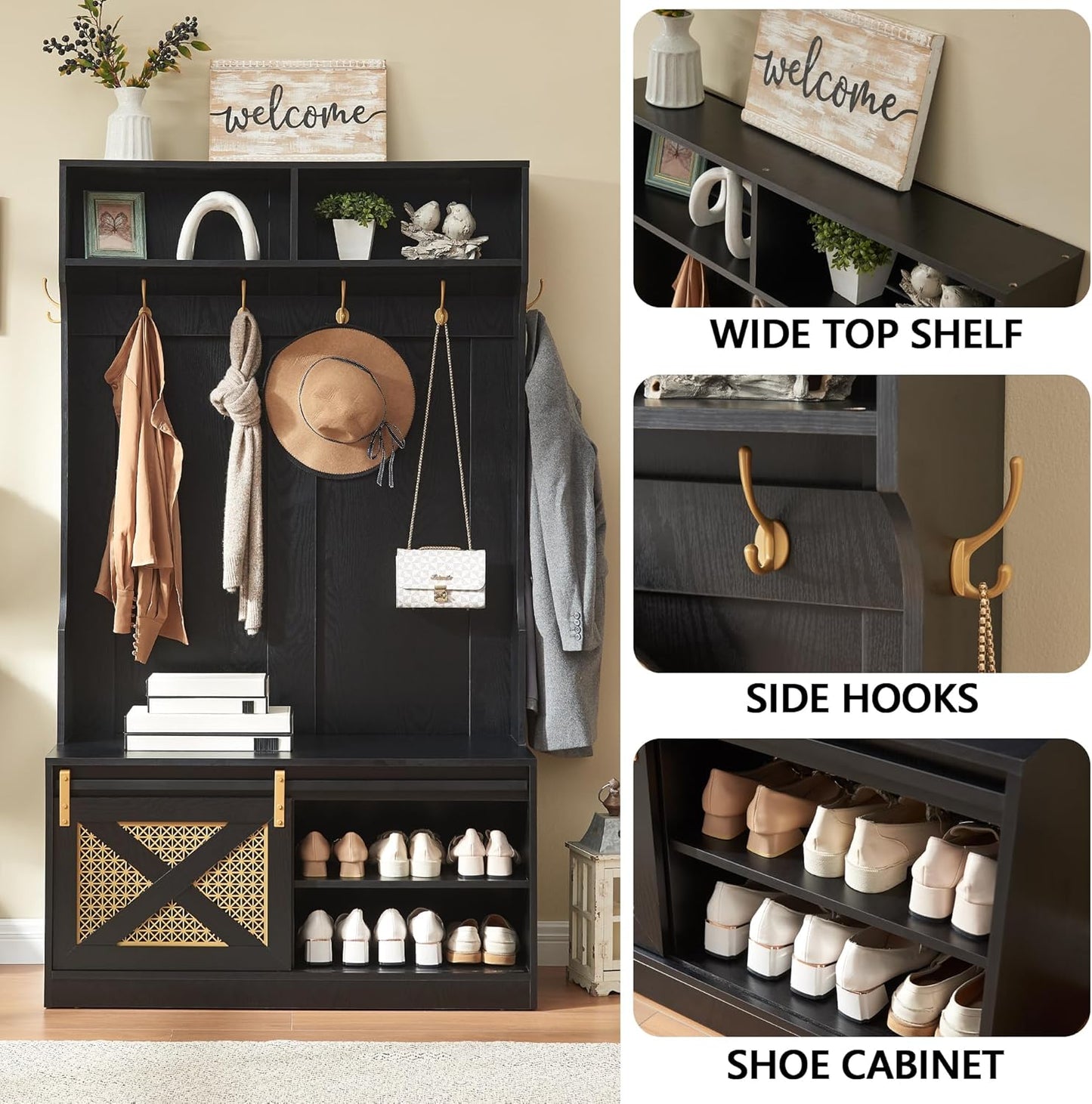 71" H Entryway Hall Tree with Coat Rack and Storage Bench, Coat Tree with Hooks for Entryway, Hallway, Living Room, Mudroom Black