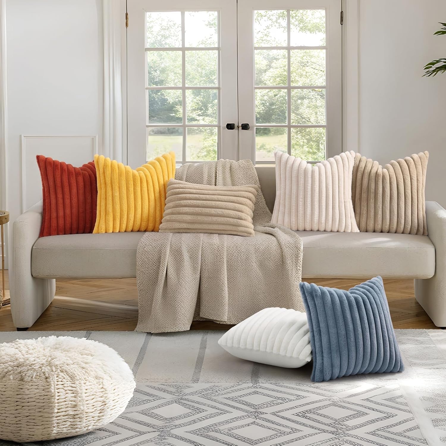 Faux Fur Spring Throw Pillow Covers 18X18 Set of 2, Decorative Soft Plush Striped Neutral Couch Euro Pillow Covers with Velvet Back for Sofa, Bed, Living Room Home Decor, Cream White