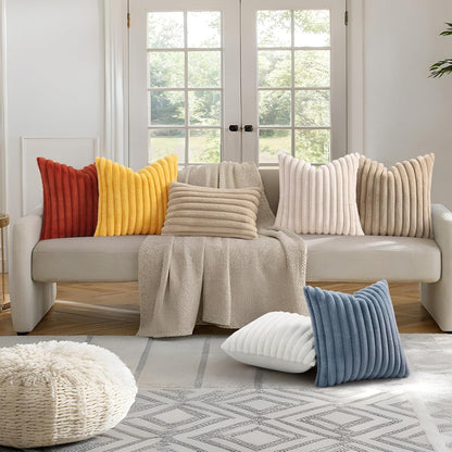 Faux Fur Spring Throw Pillow Covers 18X18 Set of 2, Decorative Soft Plush Striped Neutral Couch Euro Pillow Covers with Velvet Back for Sofa, Bed, Living Room Home Decor, Cream White