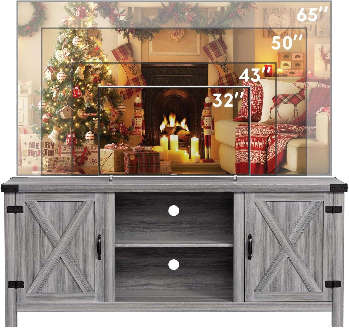 Modern Farmhouse TV Stand with Two Barn Doors and Storage Cabinets for Televisions up to 65+ Inch, Entertainment Center Console Table, Media Furniture for Living Room, 58 Inch, Gray Wash