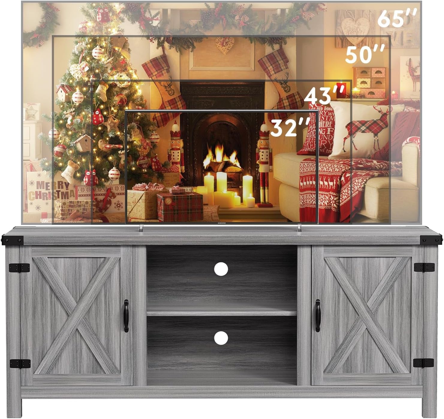 Modern Farmhouse TV Stand with Two Barn Doors and Storage Cabinets for Televisions up to 65+ Inch, Entertainment Center Console Table, Media Furniture for Living Room, 58 Inch, Gray Wash