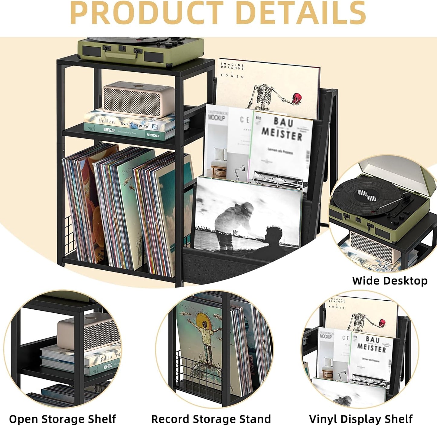 Record Player Table,Adjustable Guitar Stand for Acoustic Guitar, Electric Guitar, Bass, White Turntable Holder with Vinyl Storage up to 150 Albums, Side Table with Magazine Periodical Rack