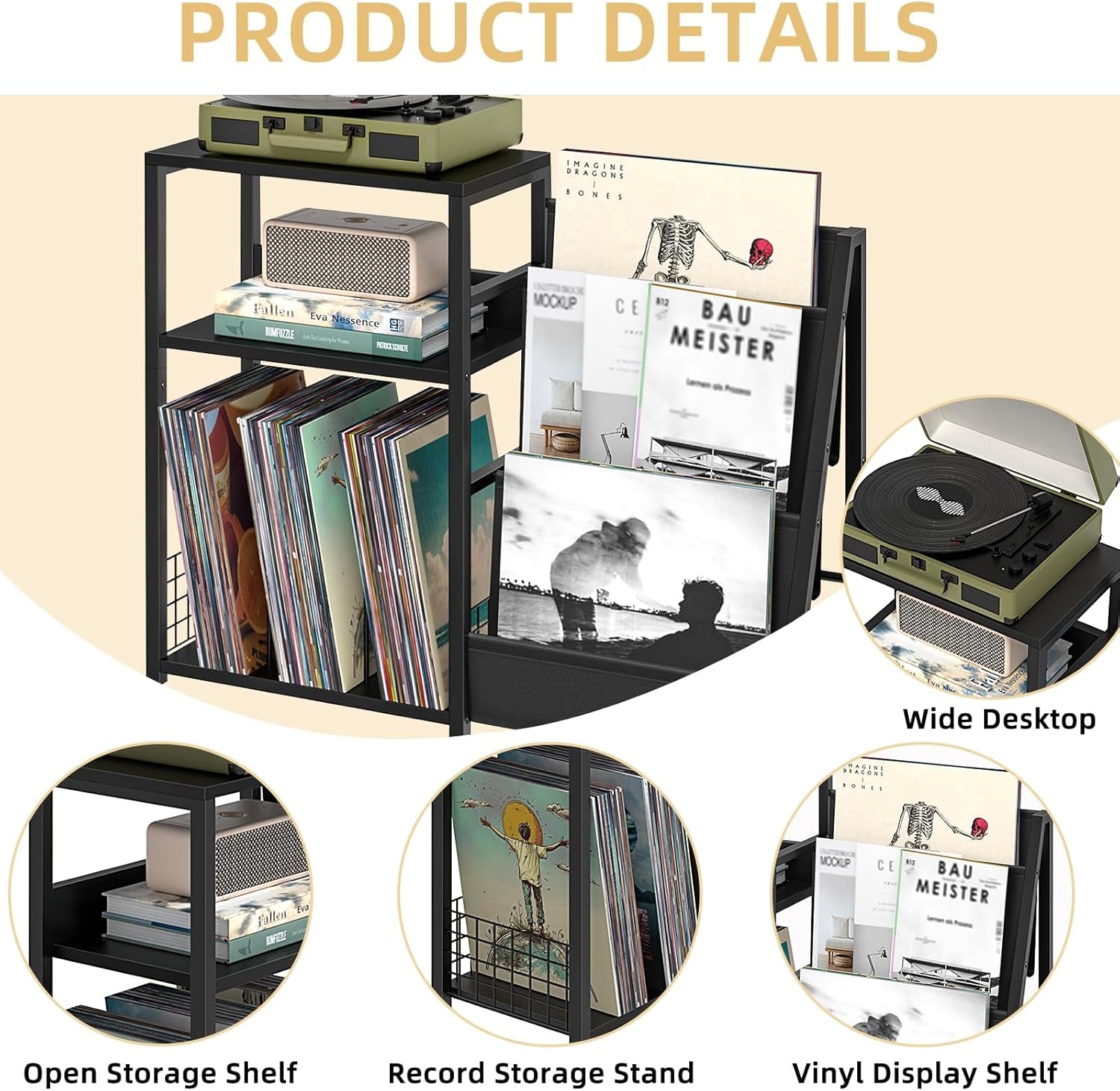 Black End Table,Record Player Stand with Vinyl Storage,3 Tier Side Table with Display Shelf Storage up to 150 Albums,Industrial Large Record Holder Cabinet for Living Room