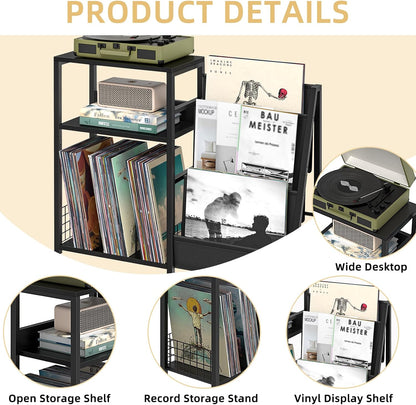 Black End Table,Record Player Stand with Vinyl Storage,3 Tier Side Table with Display Shelf Storage up to 150 Albums,Industrial Large Record Holder Cabinet for Living Room