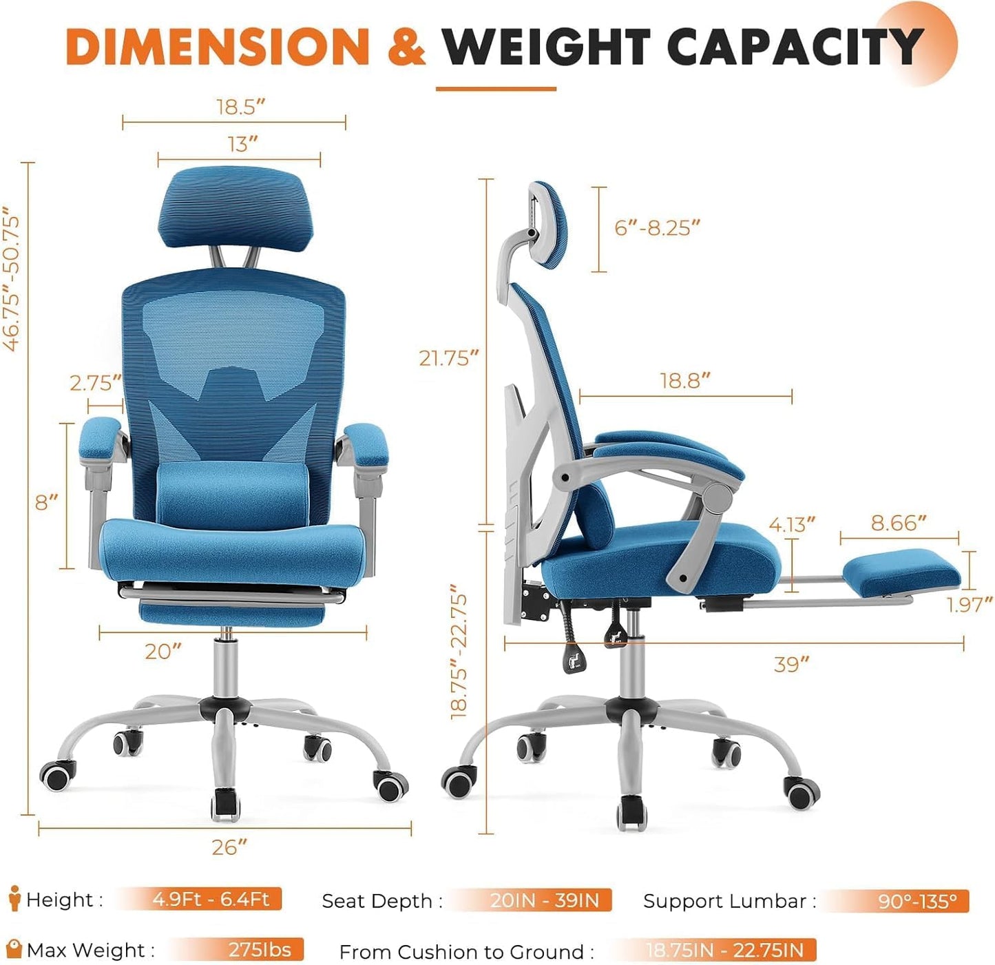 Home Office Desk Chair with Footrest, High-Back Mesh Rolling Swivel Reclining Chairs with Wheels, Comfortable Headrest, Lumbar Support, Comfy Arms